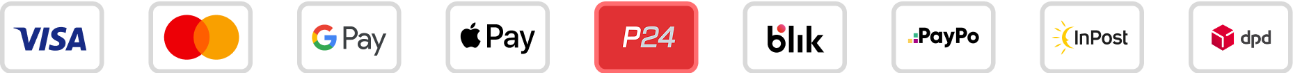 VISA · Mastercard · Google Pay · Apple Pay · Przelewy24 · BLIK · PayPo · InPost · DPD